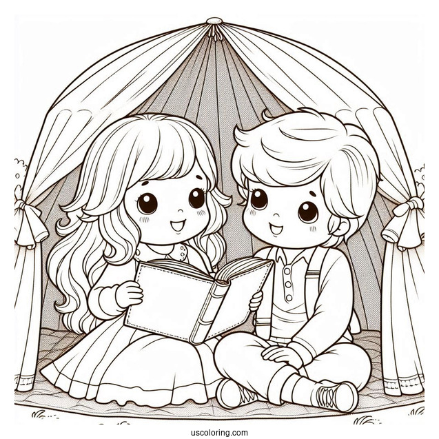 Precious Moments Coloring Page Of Girl And Boy Reading Inside Tent