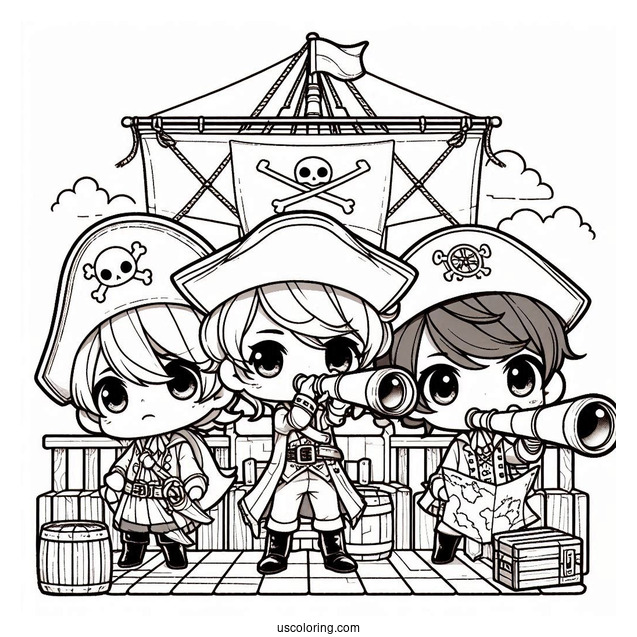 Three Chibi Pirate Coloring Page On Deck With A Map And A Telescope