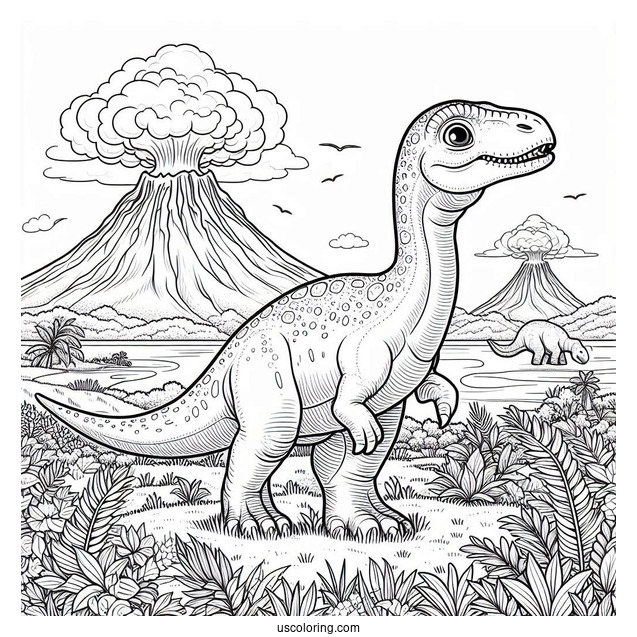 Parasaurolophus Dinosaur With Volcano In The Background