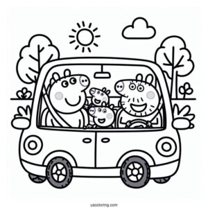 Peppa Pig Family Driving In Car Coloring Page