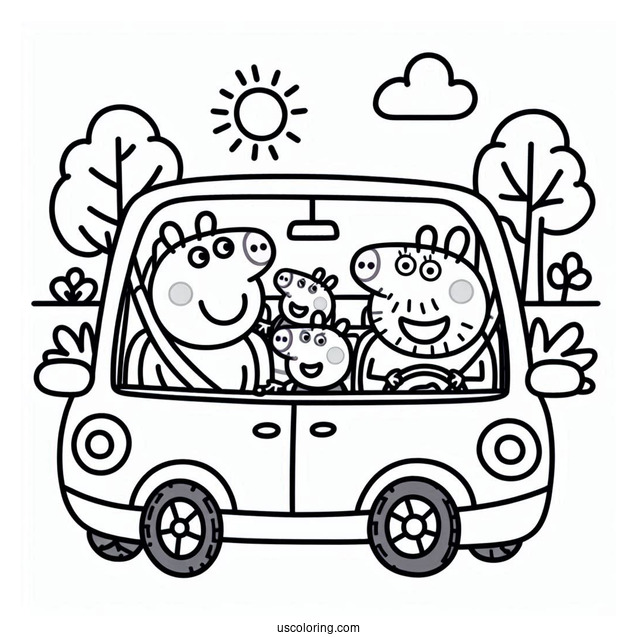 Peppa Pig Family Driving In Car Coloring Page
