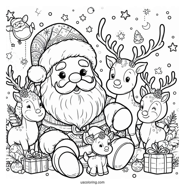 Santa And His Nine Reindeer Coloring Page