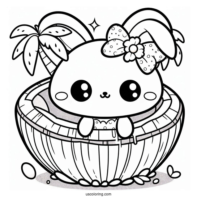 Kawaii Bunny Inside A Coconut Coloring Page For Kids