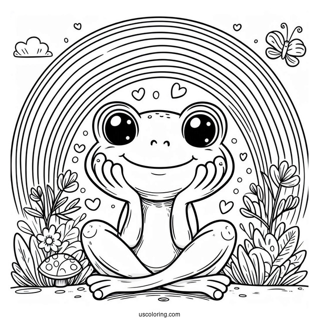 Smiling Frog Sitting Below A Rainbow Coloring Page