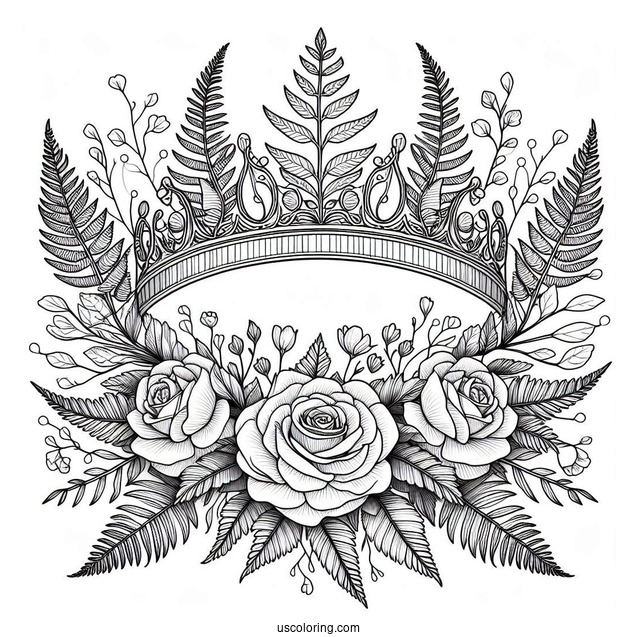 Detailed Flower Crown Coloring Page Surrounded by Roses and Fern Leaves