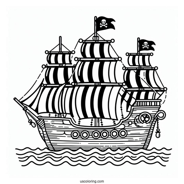 Cute Pirate Ship Coloring Page With Striped Sails At Sea