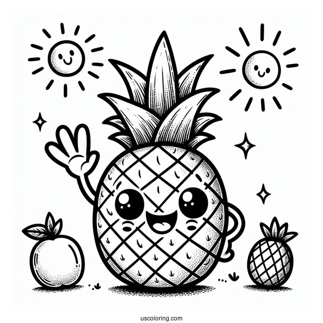 Waving Pineapple Coloring Page Character Smiling Under the Sun For Kids