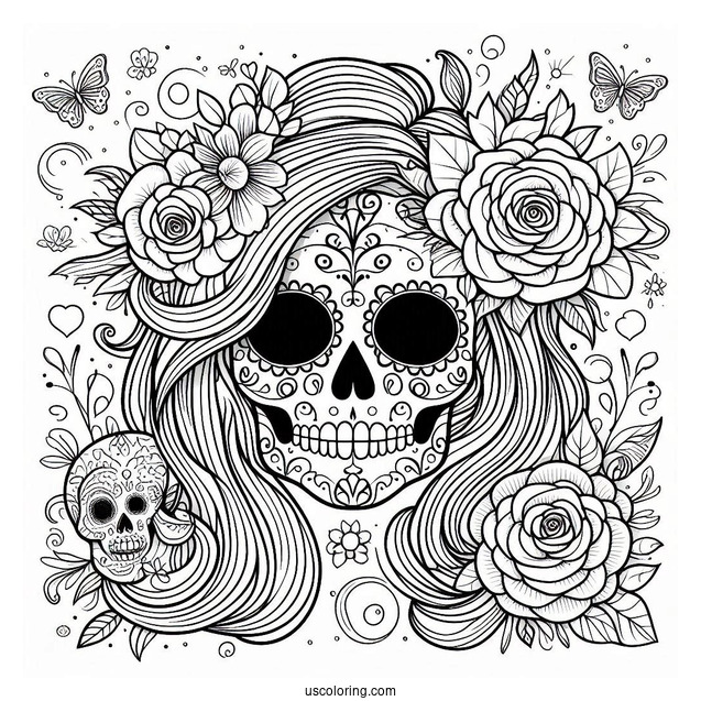 Sugar Skulls Coloring Page With Hair And Floral Background