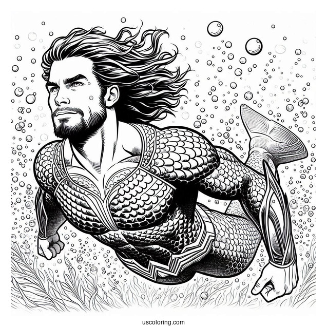 Aquaman Coloring Page Arthur Curry Swimming Underwater