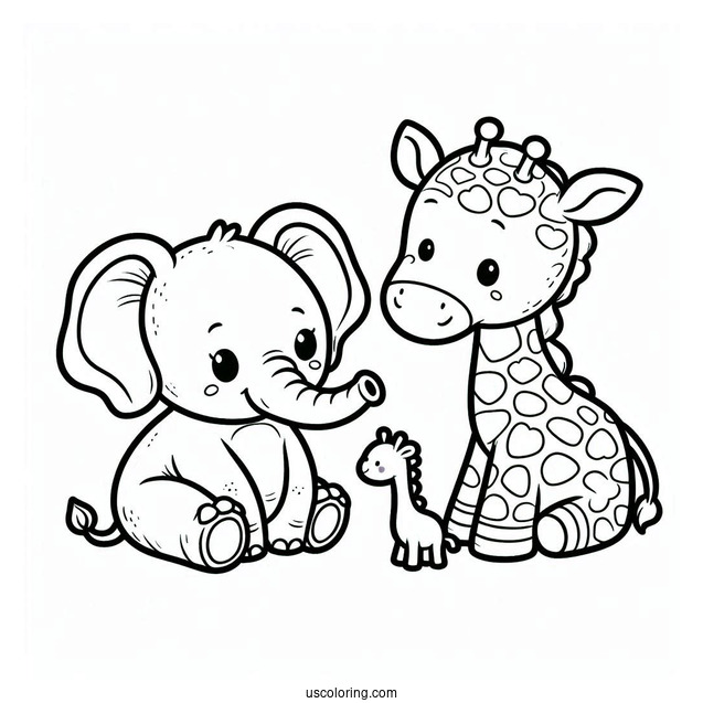 Cute Baby Elephant And Giraffe Coloring For Kids