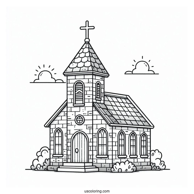 Cute Brick Church Coloring Page With A Tower For Kids