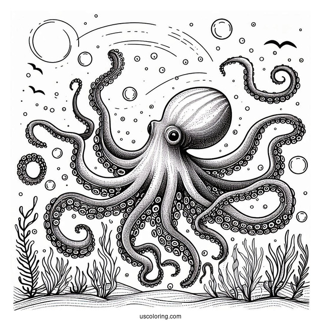 Scary Octopus Coloring Page Swimming In The Ocean