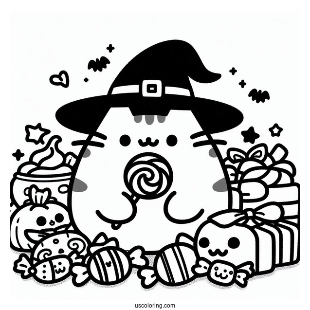 Pusheen With Halloween Candy Coloring Sheet