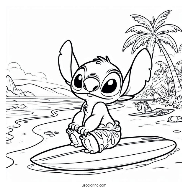 Lilo & Stitch Coloring Page Of David At The Beach With His Surfboard