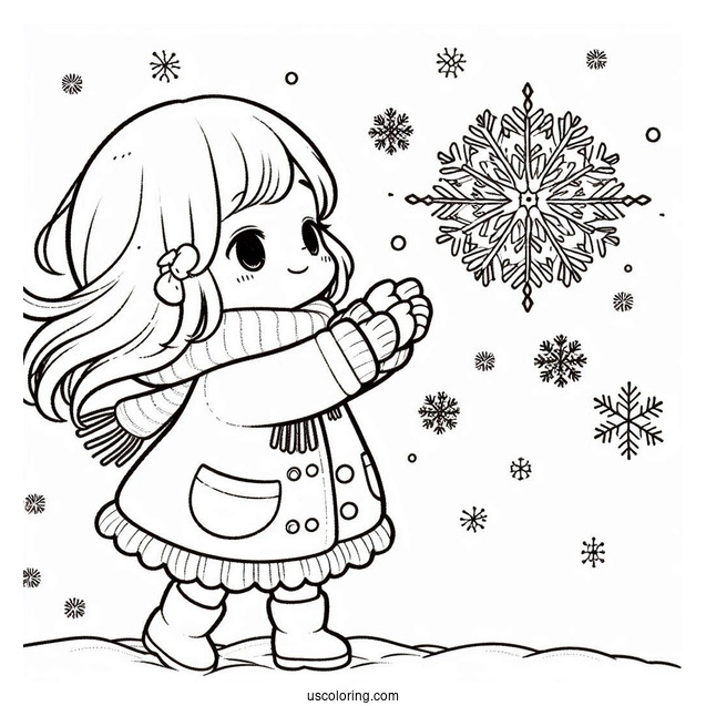 Little Girl Trying To Catch Snowflake Coloring Page