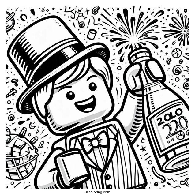 Lego Man Popping A Wine Bottle On New Year Coloring Page