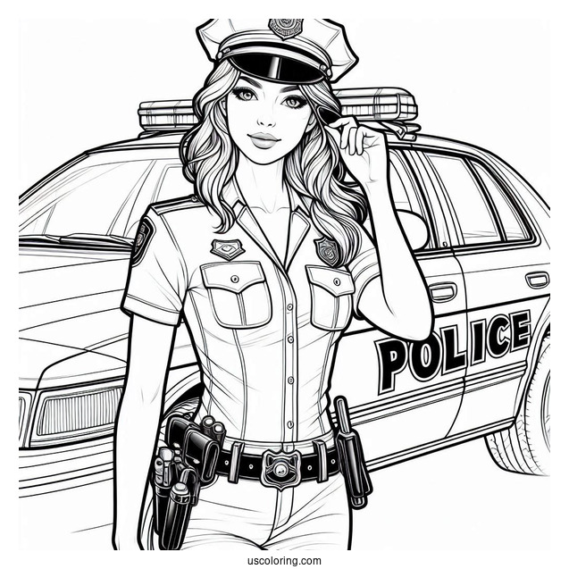 Police Woman In Front Of Police Station To Color