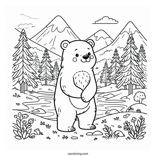 Easy Adult Bear Coloring Page Standing In Forest For Kids