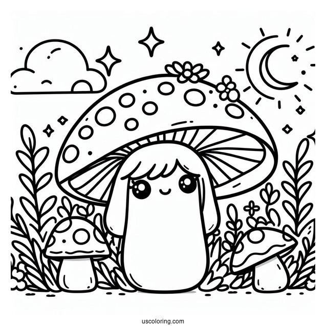 Cute Coloring Page Mushroom Surfing