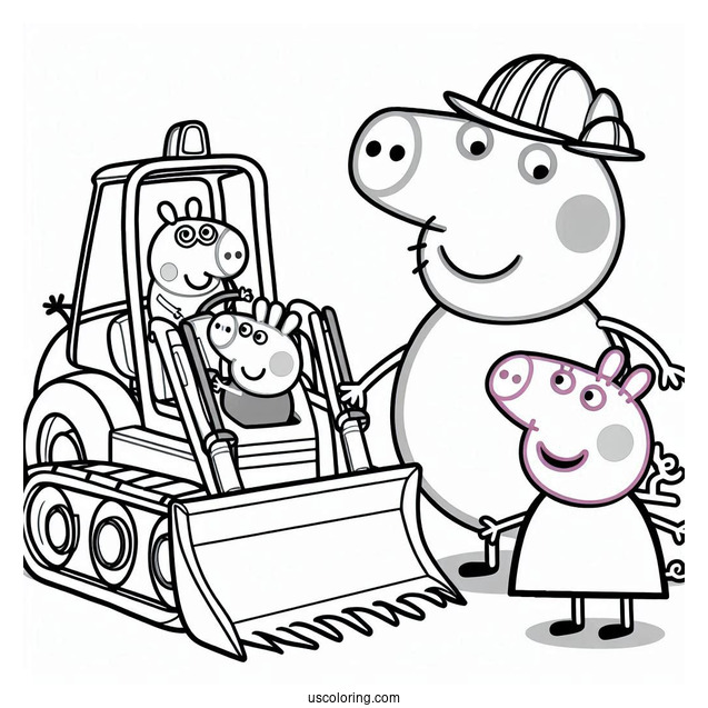 Mr Bull In Digger Being Helped By Peppa And George