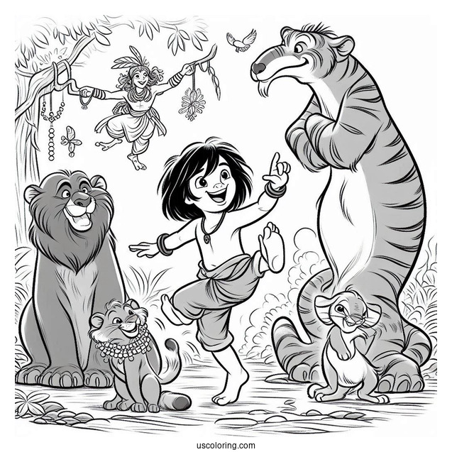 Jungle Book Coloring Page Of Mowgli Dancing With Shanti, Ranjan, Baloo, King Louie, And Kaa