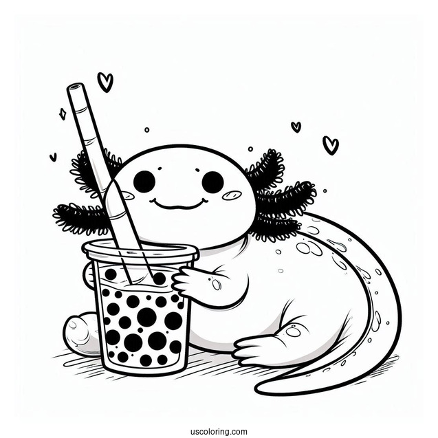 Axolotl Coloring Page Drinking Boba Tea For Kids