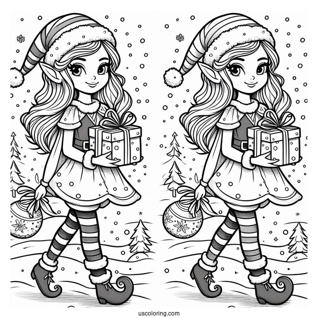 Elf Holding Present Walking In The Snow