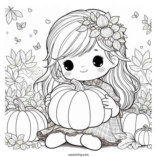 Precious Moments Coloring Page Of Girl Holding Pumpkin In Autumn
