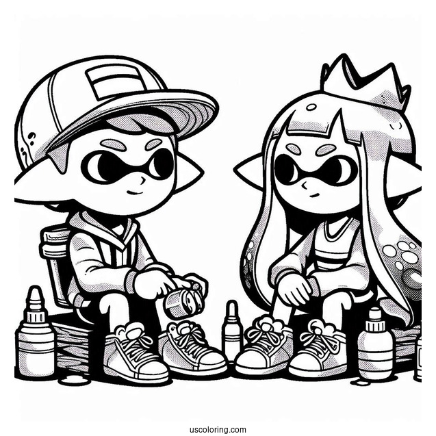 Splatoon Coloring Page Of Orange Inkling Boy Sitting Next To Blue Inkling Girl After Battle