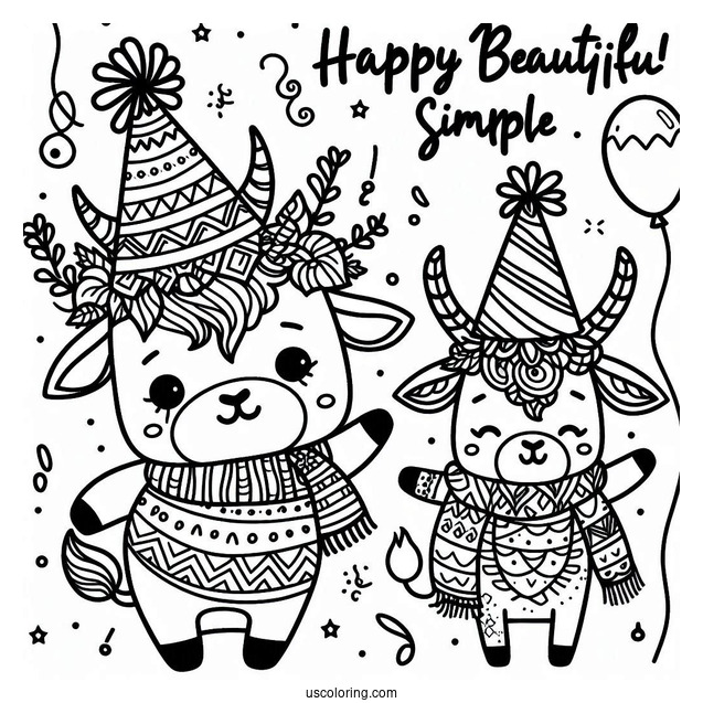 Simple Happy New Year Coloring Page Of Words With Cartoon Party Hats For Kids