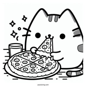 Pusheen Cat Eating Pizza Coloring Page
