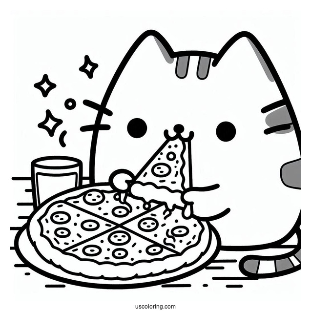 Pusheen Cat Eating Pizza Coloring Page