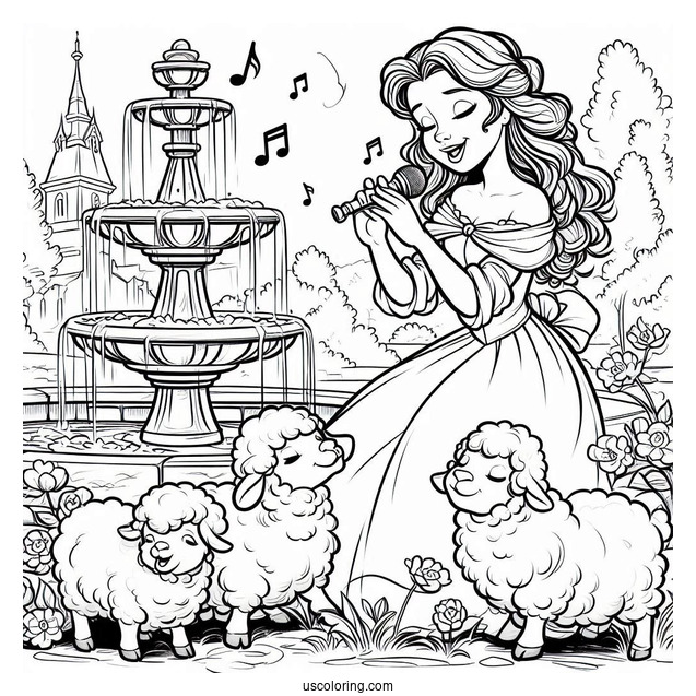 Belle Singing To Sheep At The Water Fountain