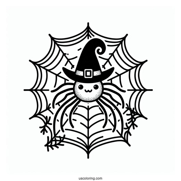Outline Of Spider On Web Wearing Witches Hat