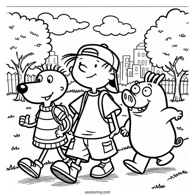 Nickelodeon Coloring Page Of Doug, Skeeter, And Porkchop Walking In Park