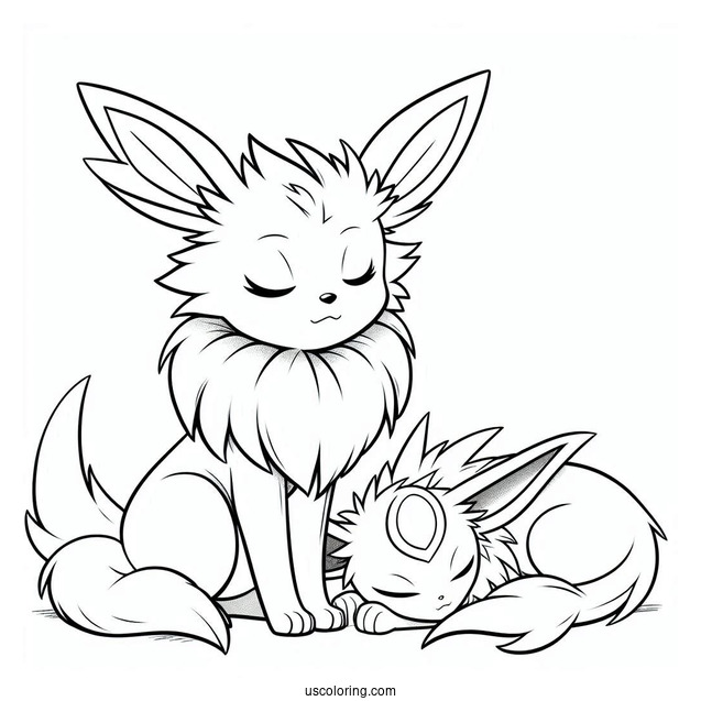 Espeon Watching Over Sleeping Jolteon Coloring Page
