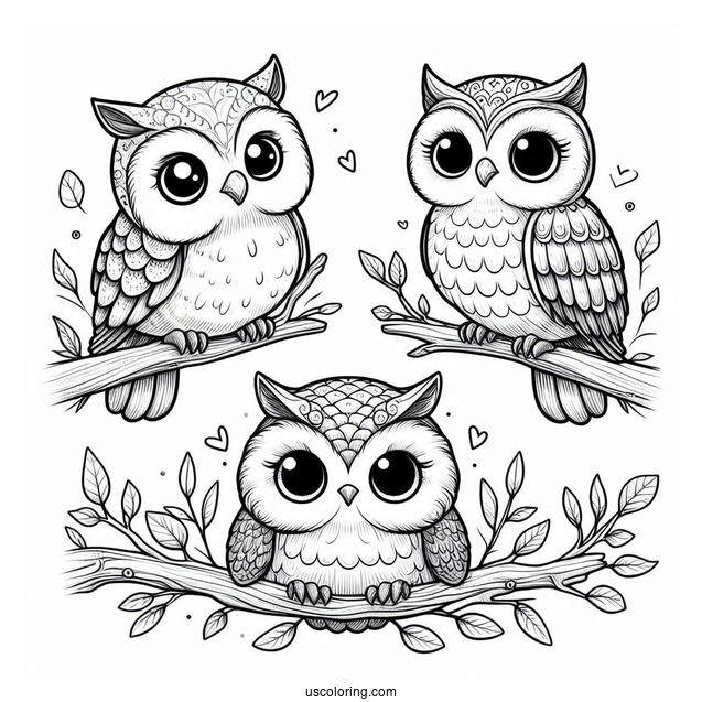 Cute Coloring Page Realistic Owls Perched On A Tree Branch