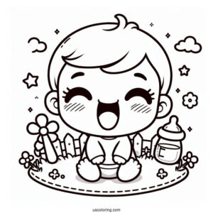 Kawaii Baby Coloring Page Laughing