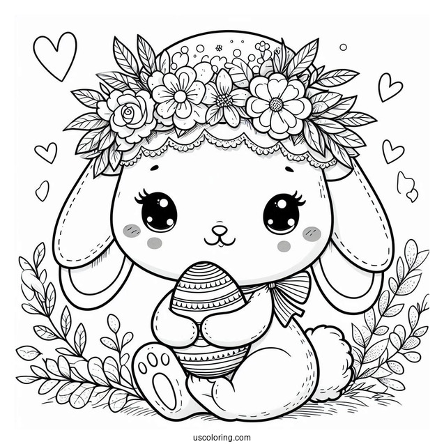 Cute Easter Bunny Coloring Page In Floral Cap Holding Flowers