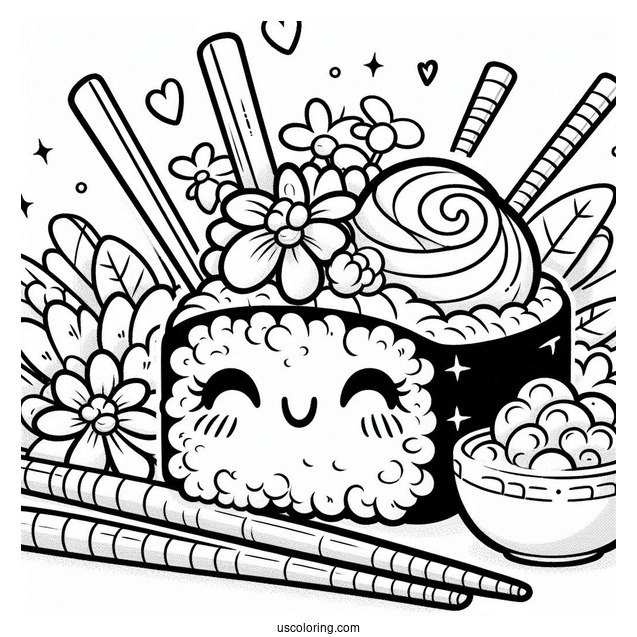 Adorable Cartoon Sushi Coloring Pages With Flowers And Chopsticks