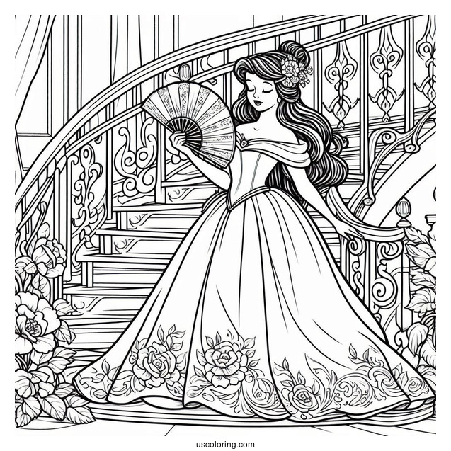 Sleeping Beauty Coloring Page On The Staircase With Belle Holding Fans