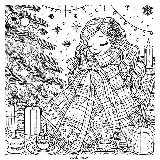 Christmas Coloring Pages For Adults Of Cartoon Woman Wrapped In Quilt In Front Of Christmas Tree
