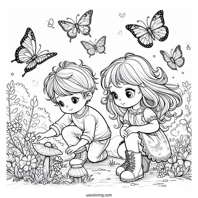 Boy And Girl Playing In Nature With Butterflies