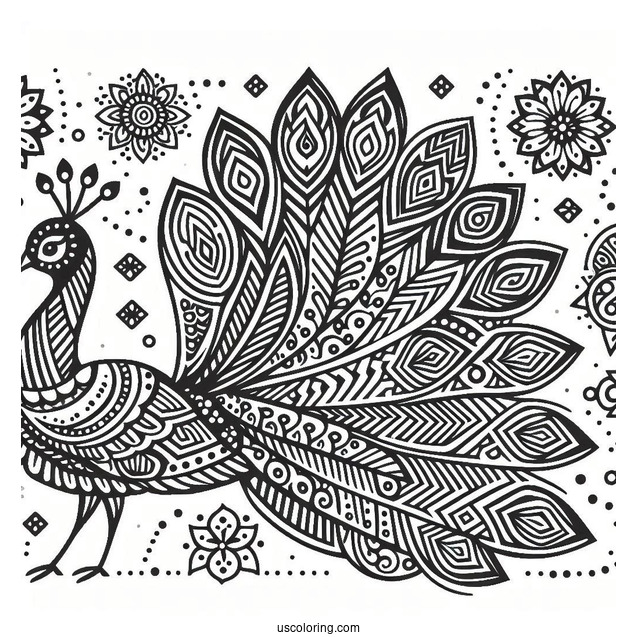 Geometric Peacock Coloring Page With Patterned Tail For Kids