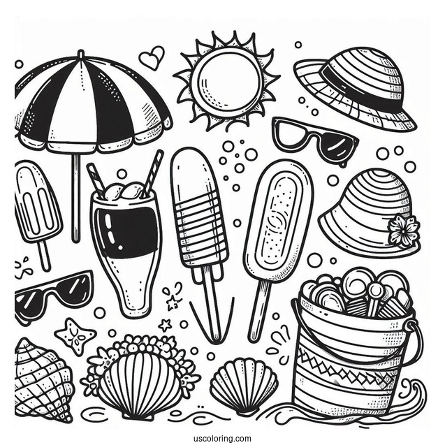 Summer Coloring Page Surf Board, Goggles, Popsicle, Hat, Seashell, Bucket, Drink, Sun, And Umbrella