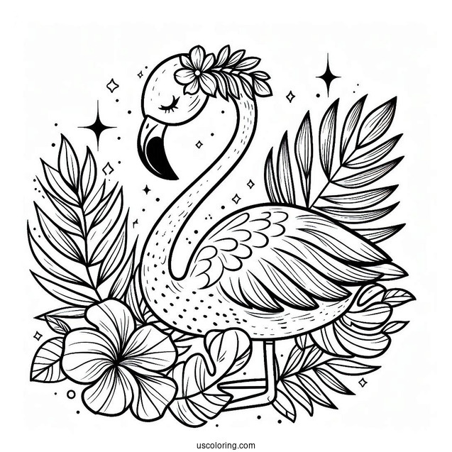 Summer Themed Flamingo With Tropical Leaves