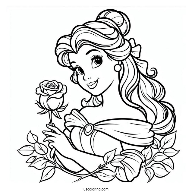 Simple Outline Of Princess Belle Holding a Rose