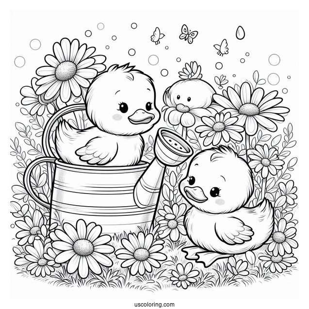 Spring Ducklings In A Watering Can Surrounded by Daisies Coloring Sheet