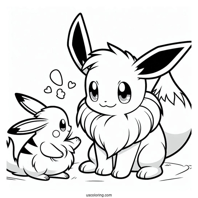 Coloring Sheet Of Eevee Playing With Pikachu
