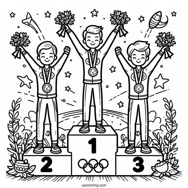 Olympics Coloring Page Of Medalists On Tri Level Podium For Kids
